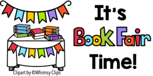 A table of books and words say It's Book Fair Time