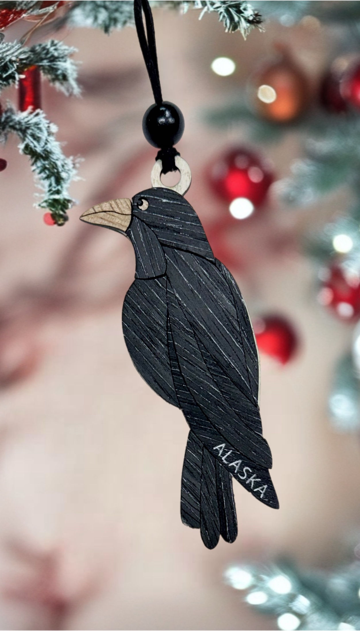 Wood-Grain Raven Ornament