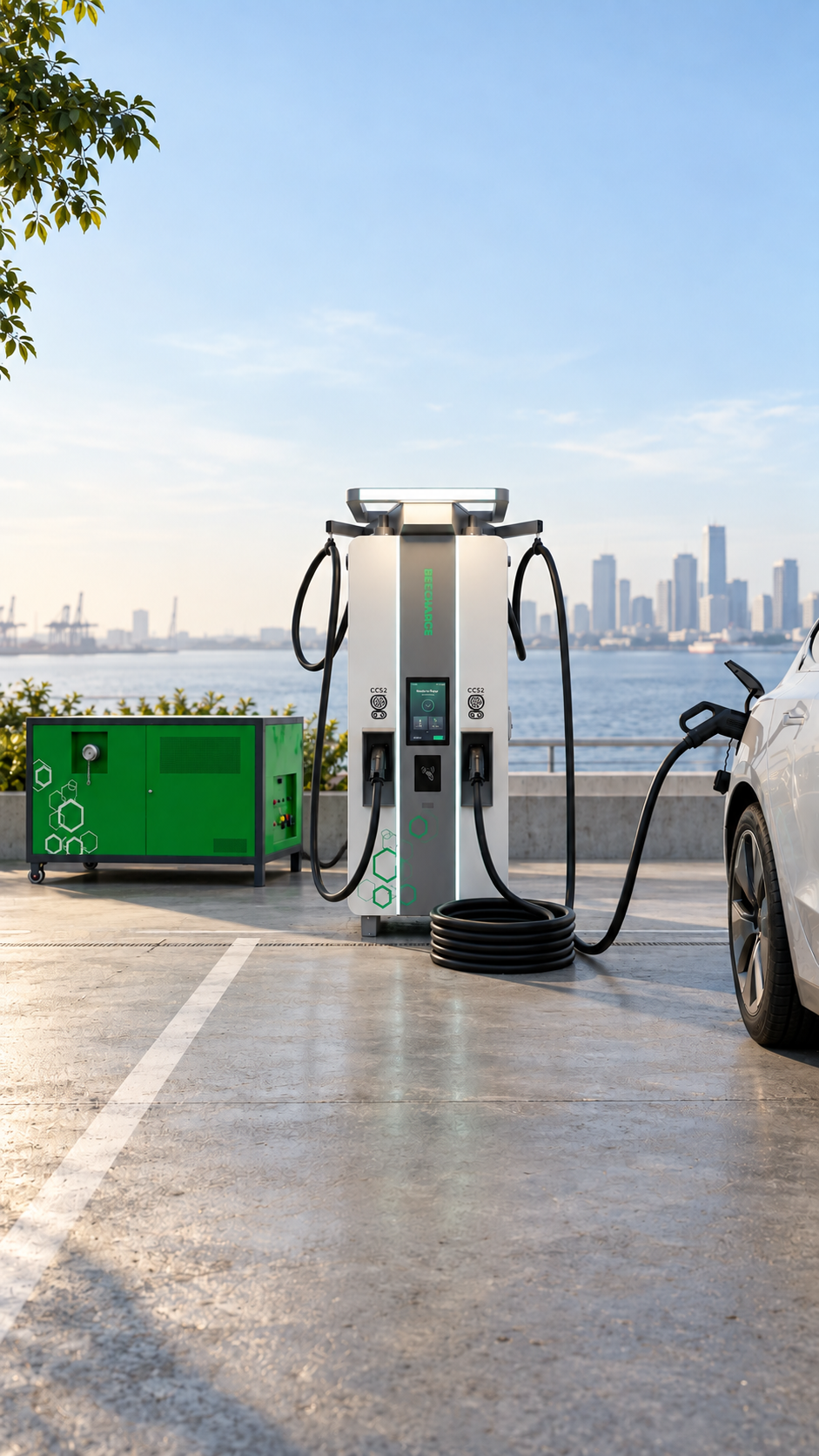 A digital illustration of the modular BC2.0 charging solution in action, featuring a green battery storage unit and a white charging pedestal connected to an electric car on a waterfront parking area, with a city skyline and sea in the background.