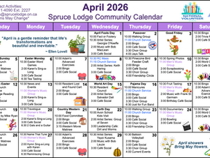 April 2026 Spruce Lodge Activity Calendar