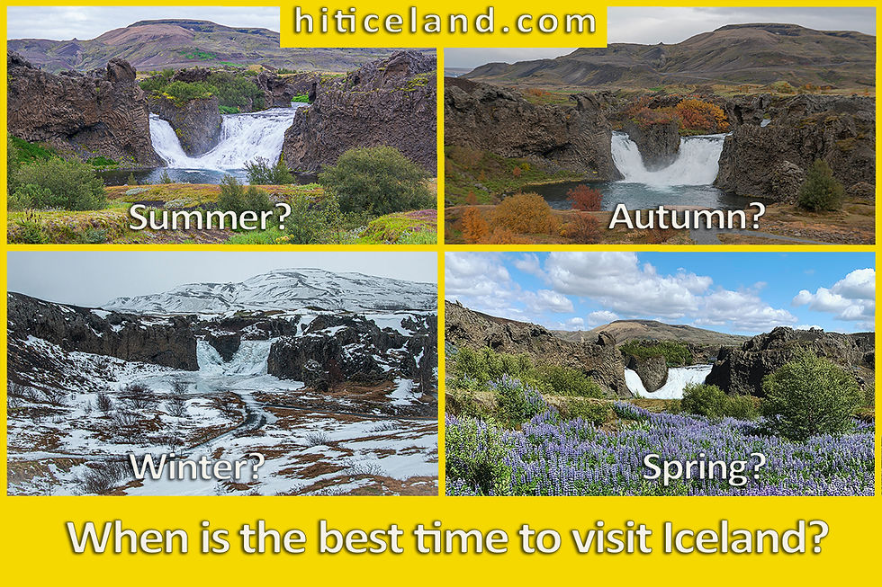 Hjálparfoss waterfall in summer, winter, autumn, and spring
