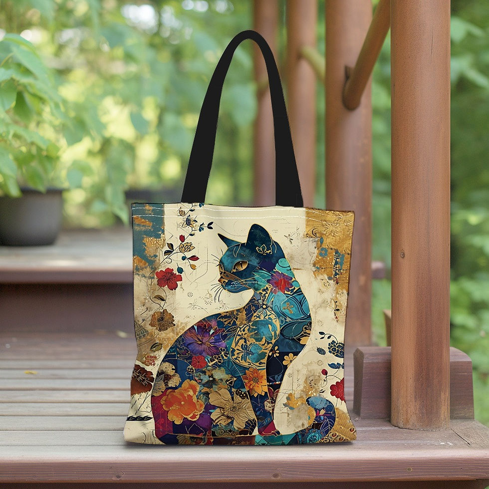 Miniatura: Floral Cat Pattern Tote Bag, Aesthetic Canvas School Shoulder Bag, Lightweight G