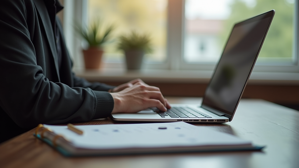 Eye-level view of a person sitting at a desk with a laptop and a notebook