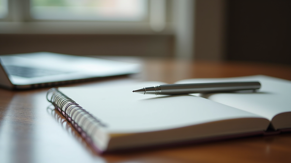 Close-up view of a notebook and pen on a wooden table