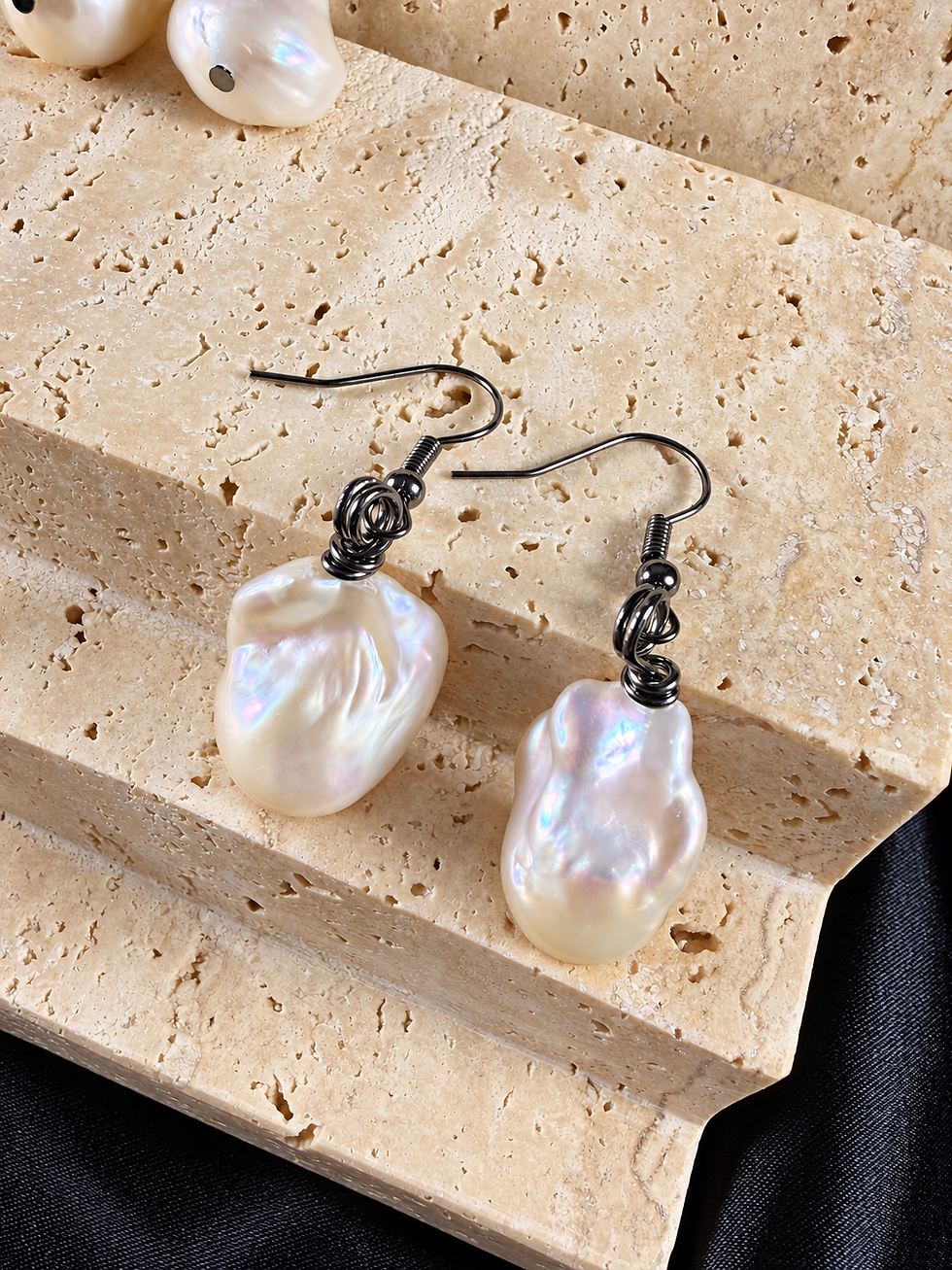 Thumbnail: Baroque Pearl 14-17mm, Gunmetal Wire Wrapped Dangle Earrings