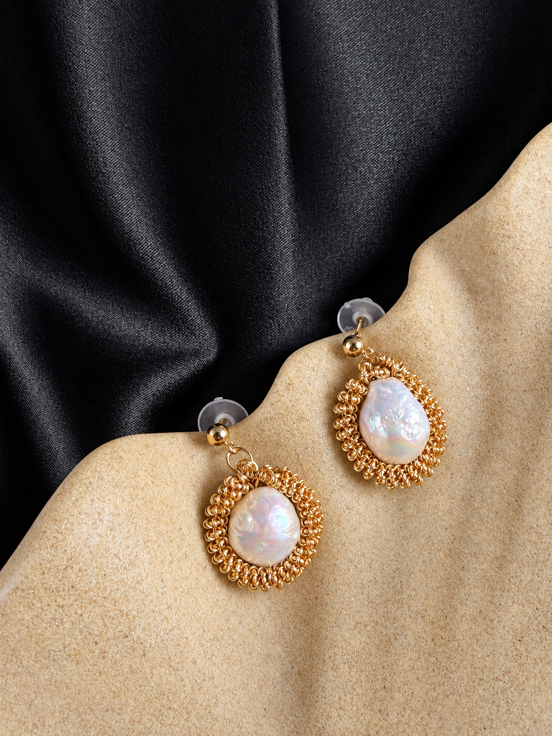 Gold-Tone Wire Frame Stud 7–8mm Baroque Pearl Earrings
