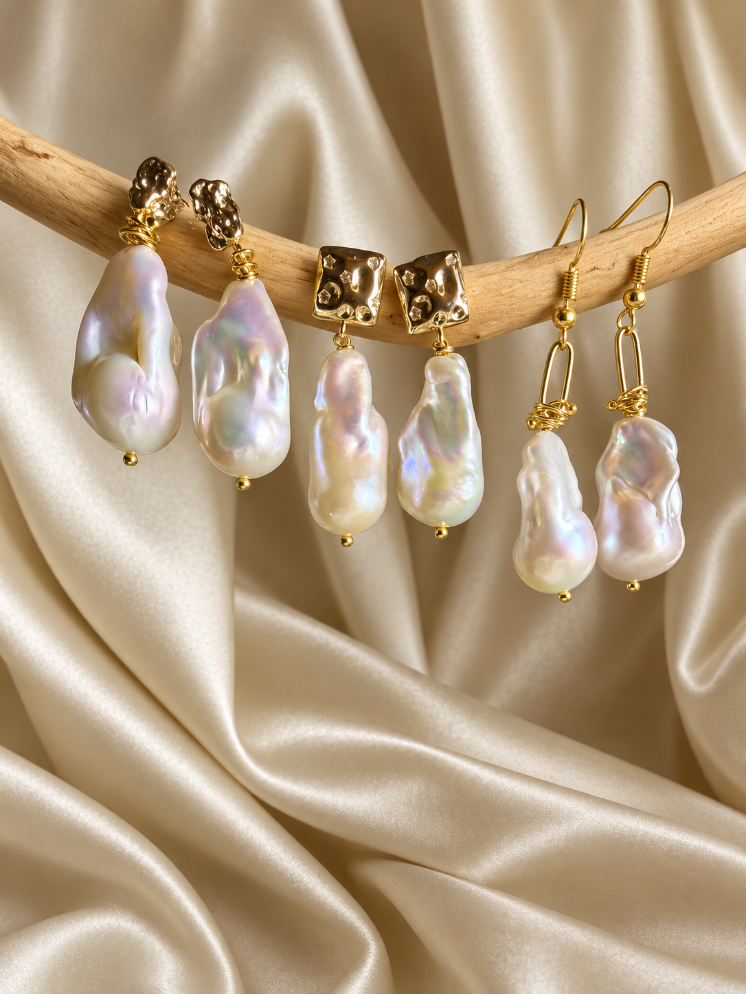 White Baroque Pearl Earrings, 27mm Gold-Tone Statement, Choose A, B or C