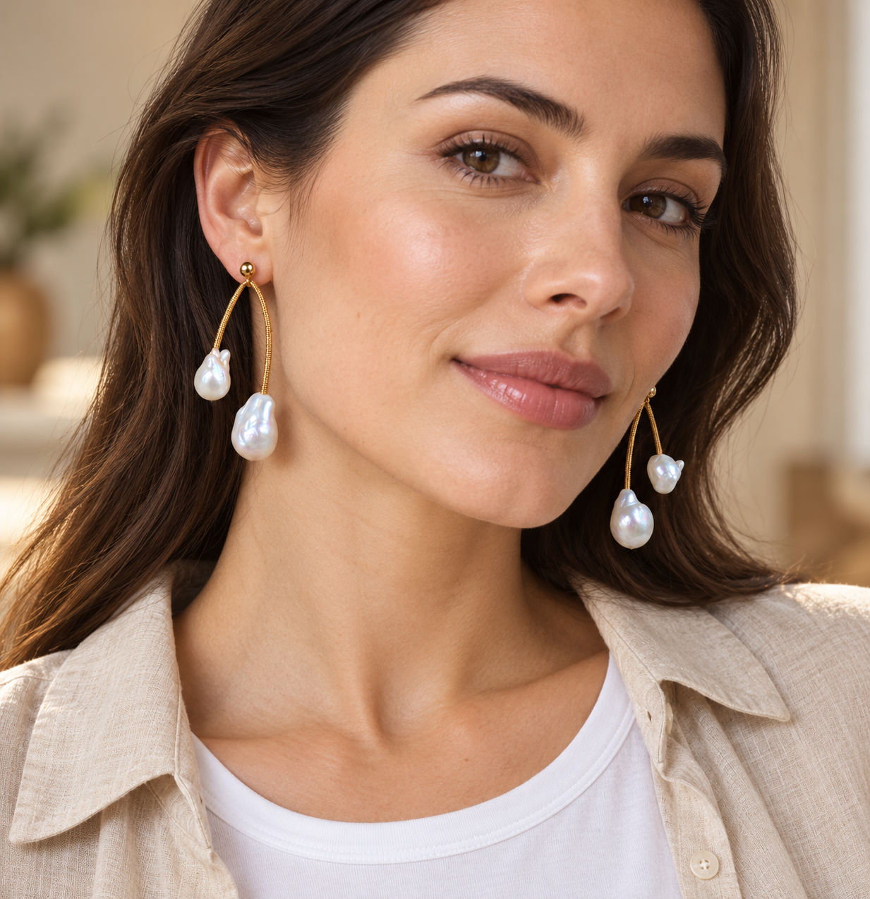 Natural Double Baroque Pear Gold-Tone 9–15mm Dangle Earrings,
