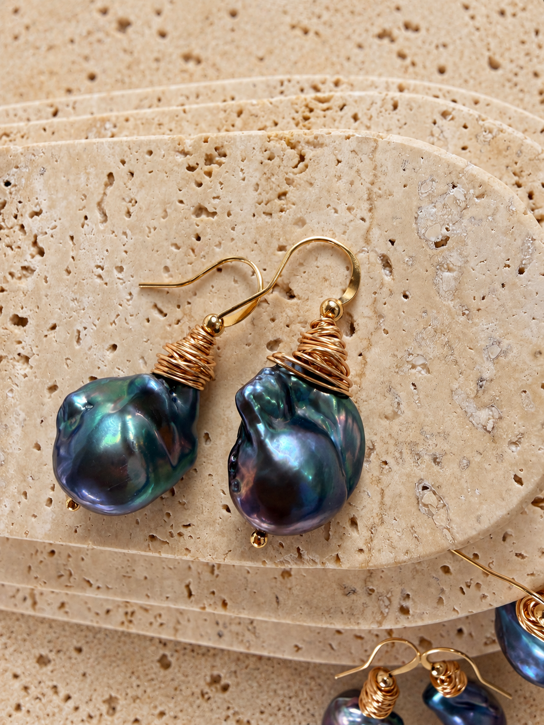 Peacock Baroque Pearl 15-17mm, Gold-Tone Wire Wrapped Earrings