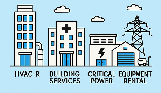Images of the key industries we support, HVAC, Building Services, Critical Power and Equipment Rental.