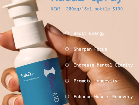 Hand holding NAD+ Nasal Spray bottle from InShapeMD. This wellness supplement supports mental clarity, boosts natural energy, enhances focus, and promotes healthy aging—all through fast, needle-free nasal delivery