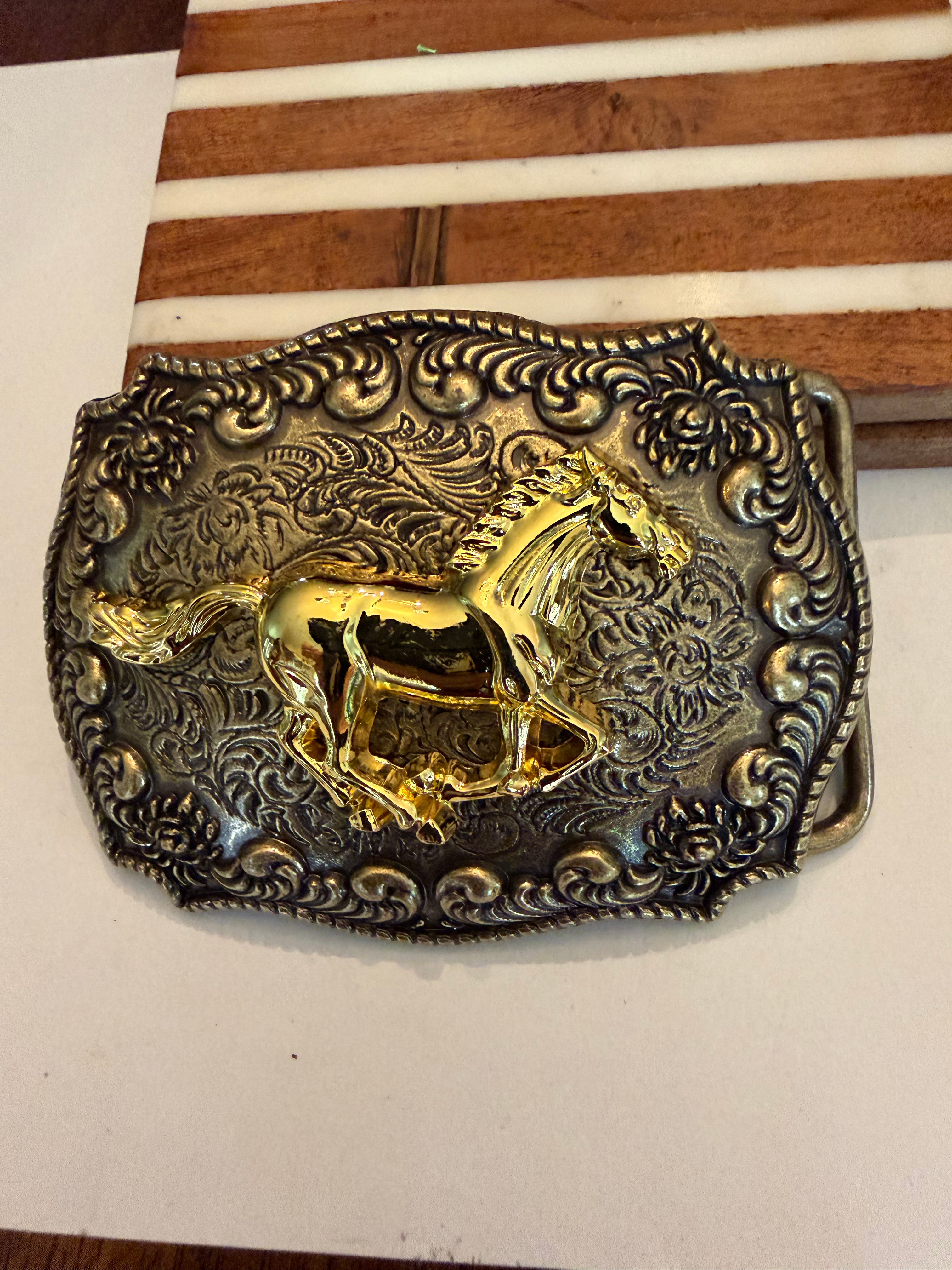 Gold Running Mustang Western Belt Buckle