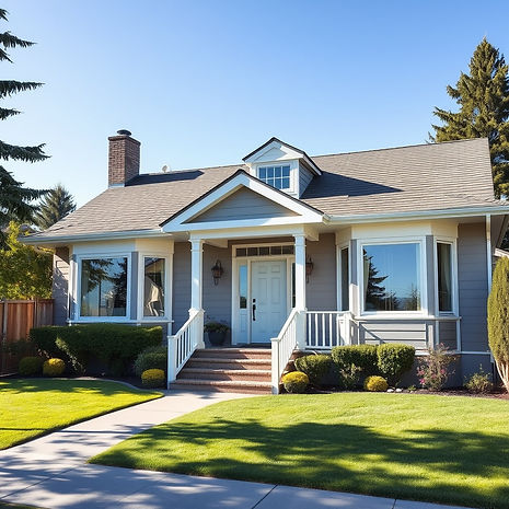 a clean west coast morden house, with sparkling shinny windows,a frontal view for the enti