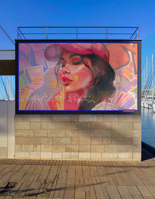 Vodawotah street art mural of a young woman in a pink cap with eyes closed, painted in vivid colors against a graffiti background, displayed at a marina by the ocean.