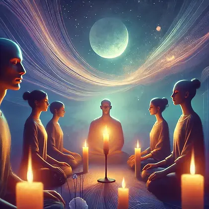 DALL·E 2025-02-21 16.19.53 - A peaceful group of meditators sits in a circle at night, sof