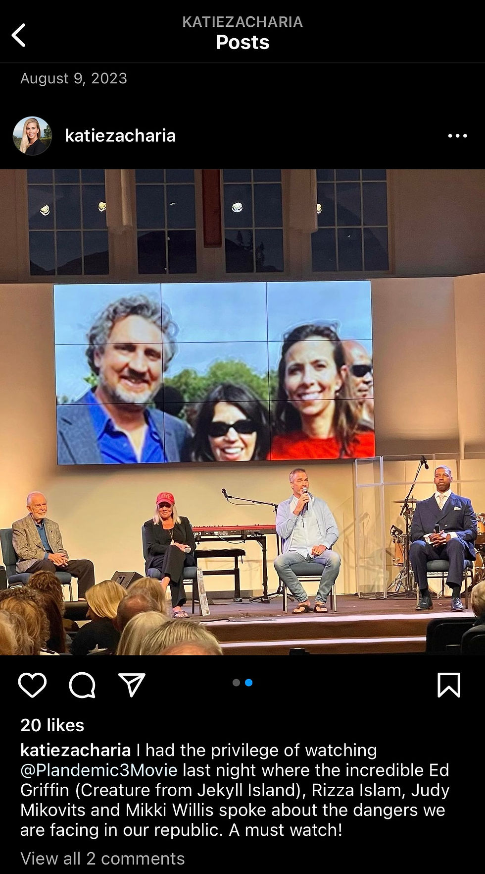 Katie Zacharia attended an August 5, 2023, screening of Plandemic 3, moderated by Godspeak Pastor Rob McCoy and promoted by PERK.