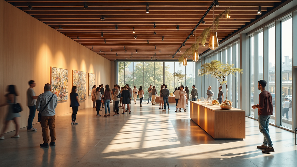 Wide angle view of a vibrant community space with art installations