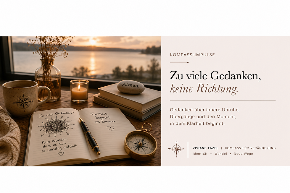 Warmes, ruhiges Blogbild mit Notizbuch, Kompass, Kerze und Abendlicht als Symbol für innere Unruhe, Übergänge und den Weg zu neuer Klarheit.