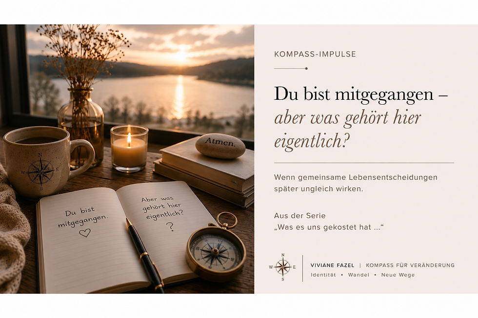 Warmes Blogbild mit Notizbuch, Kompass, Kerze und Abendlicht als Symbol für gemeinsame Lebensentscheidungen, Zugehörigkeit und persönliche Identität im Wandel.