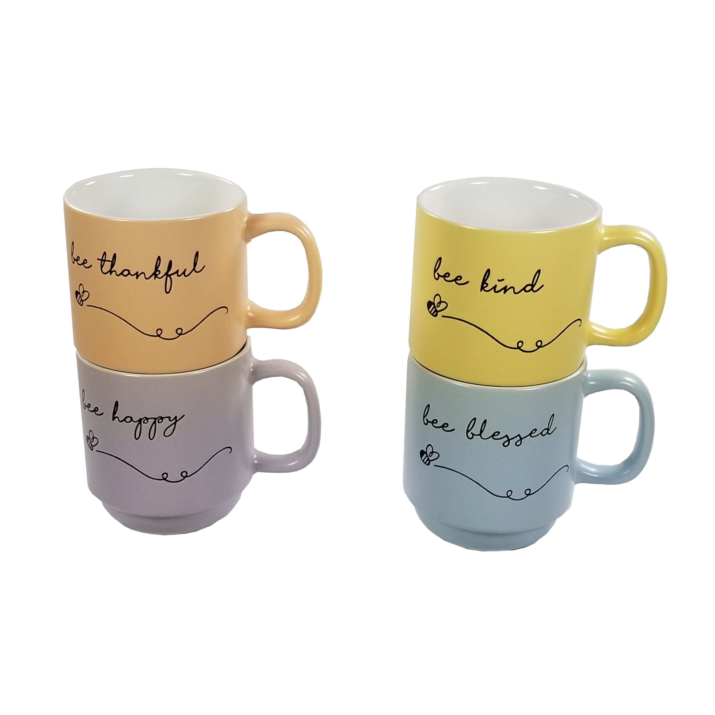 Marcelle, 4 Pc Stackable 14oz Multi-Color Ceramic Coffee Mug Set with a Metal Co