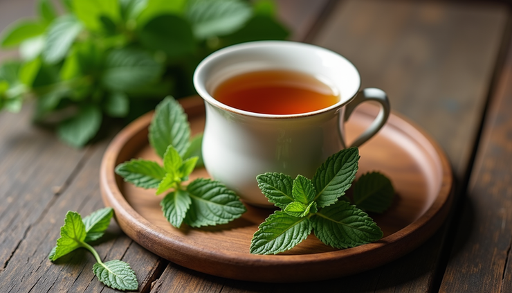 High angle view of a tea set with Assam green tea and fresh mint leaves arranged on a wooden tray