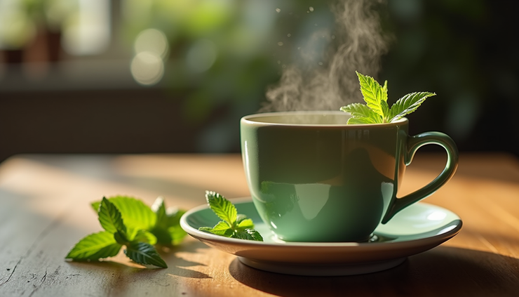 Eye-level view of a steaming cup of Assam green tea with fresh mint leaves on a rustic table