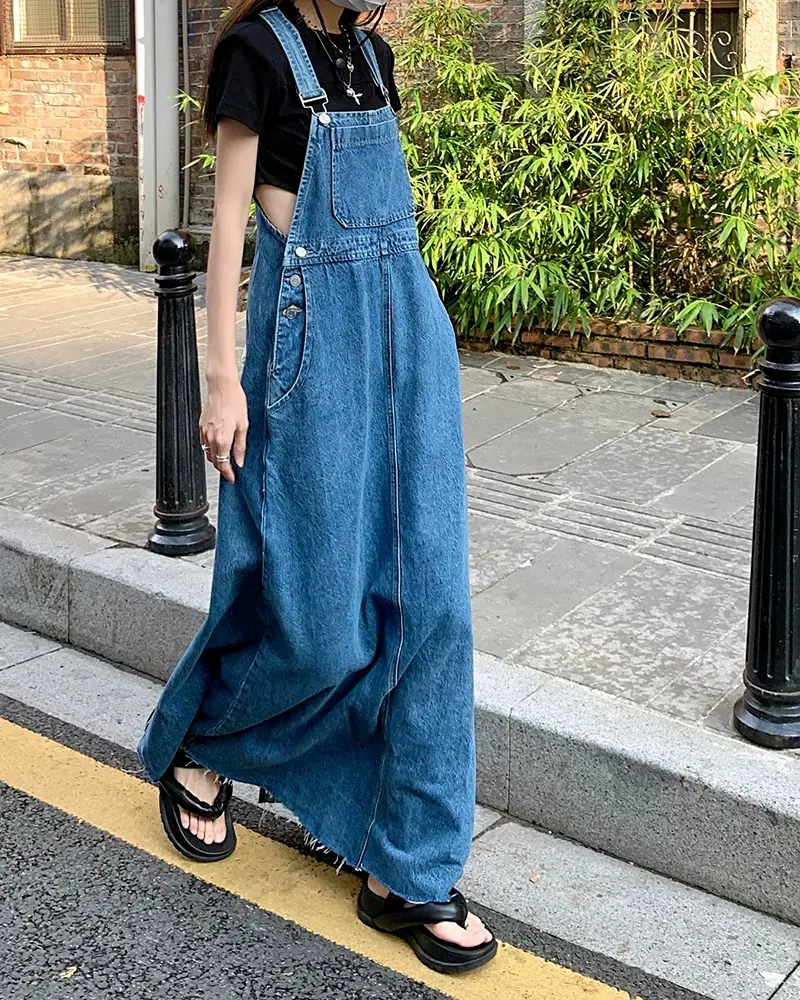 Thumbnail: long denim dungarees with unfinished edging 