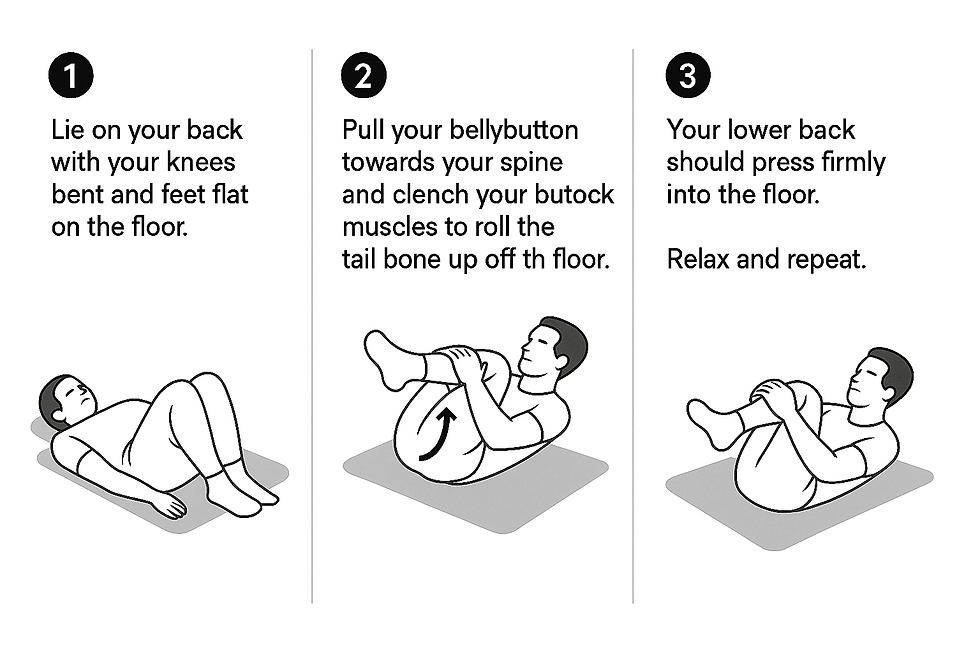 Instructional guide for performing the pelvic stretch:1. Lie on your back with knees bent and feet flat.2. Engage core and glutes to lift the tailbone.3. Press lower back firmly into the floor, relax, and repeat.