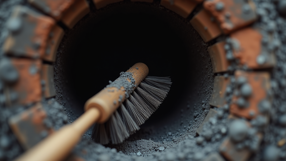Close-up view of a chimney brush cleaning soot inside a chimney flue