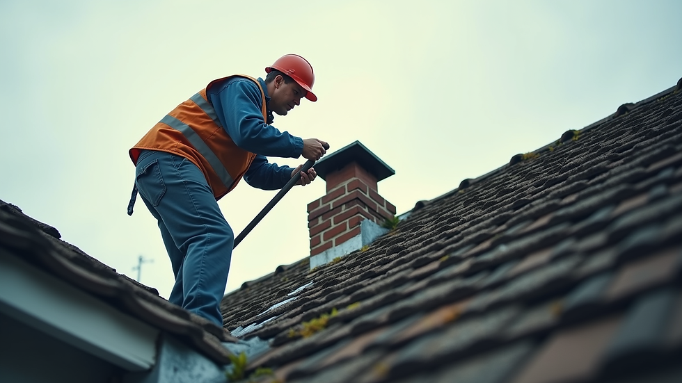Eye-level view of a chimney sweep inspecting a chimney top on a roof