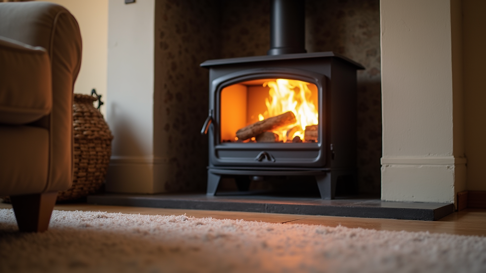 Eye-level view of a clean and well-maintained log burner in a cosy living room
