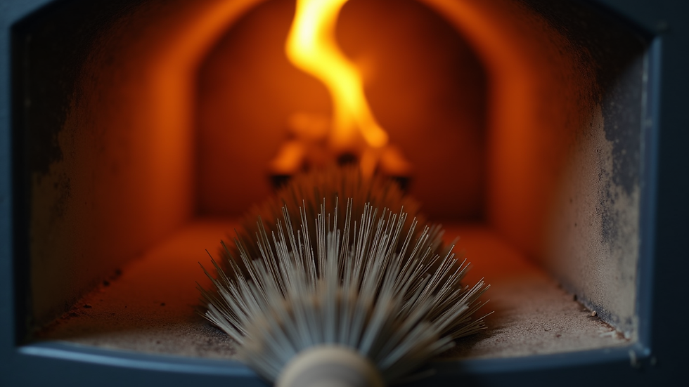 Close-up view of chimney brush inside a wood burner flue