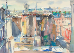 李焜培，巴黎閣樓眺望聖母院，水彩紙本，1989，56x76-cm