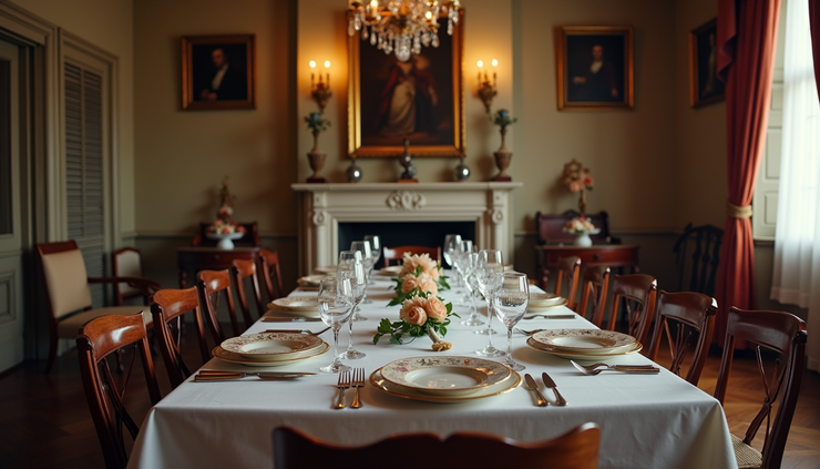 Eye-level view of a vintage Victorian-era dining room with ornate table settings