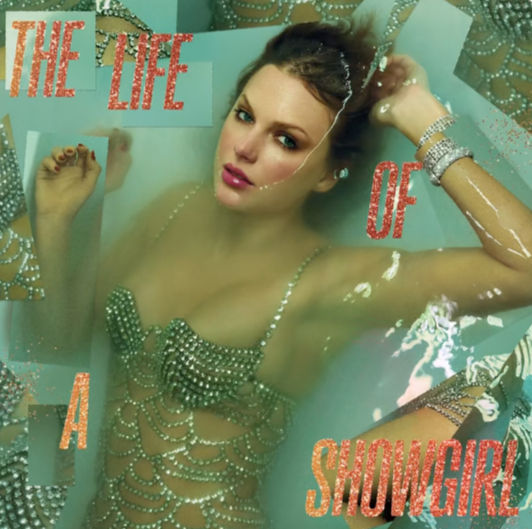 An illustrated album cover showing Taylor Swift in a jeweled costume, lying in water with her arms raised. She is wearing sparkling accessories and makeup, with the title text “The Life of a Showgirl” in bold, glittery letters across the image.