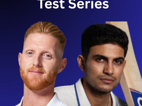 A split image showing two male cricketers. On the left, England captain Ben Stokes with a beard and red hair, wearing a white England cricket shirt, looks towards the viewer. On the right, Indian captain Shubman Gill with dark hair, wearing an India cricket shirt, looks slightly to the side. Above them, text reads "ENGLAND V INDIA Test Series".