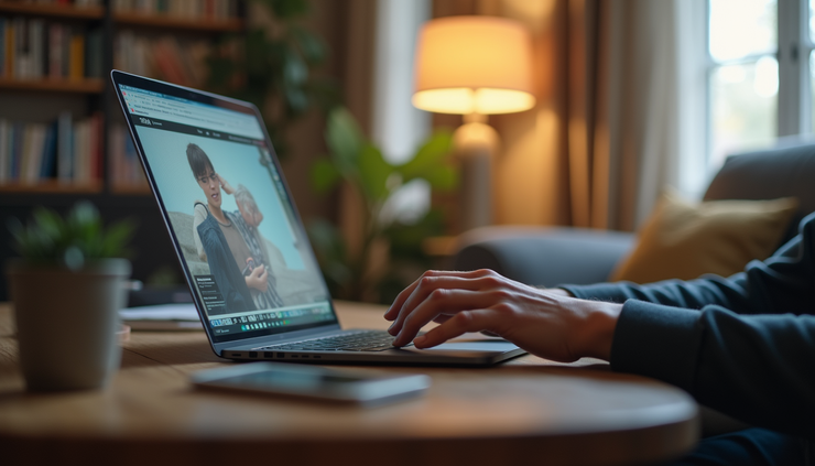 High angle view of a content creator editing a video on a laptop in a casual home setting