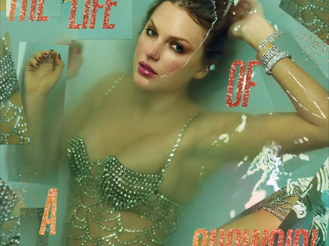 An illustrated album cover showing Taylor Swift in a jeweled costume, lying in water with her arms raised. She is wearing sparkling accessories and makeup, with the title text “The Life of a Showgirl” in bold, glittery letters across the image.