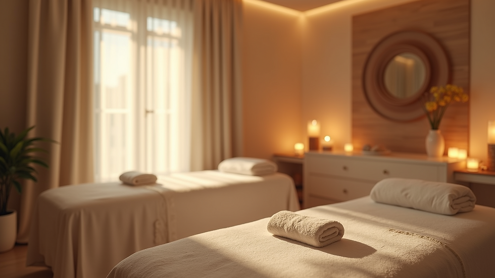 Eye-level view of a tranquil massage room with soft lighting and calming decor