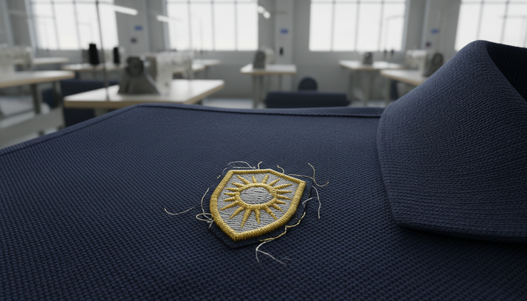 Close-up view of textured polo fabric with a stitched sample emblem