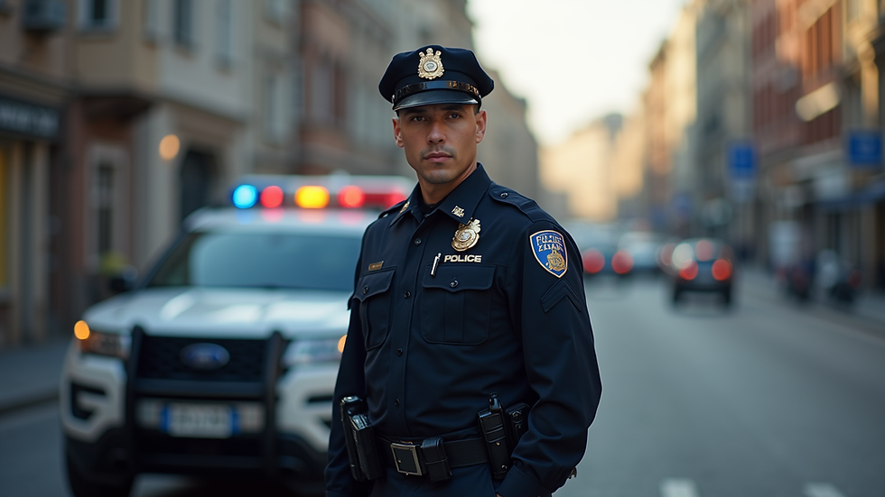 Eye-level view of a police officer standing in front of a police vehicle