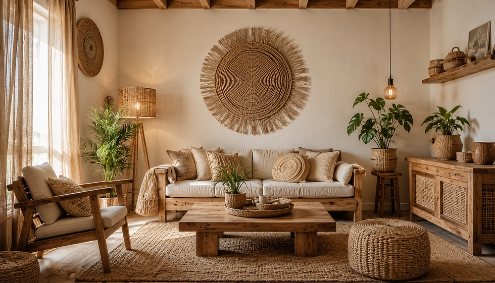 Sala com móveis de madeira e decoração em corda de juta.