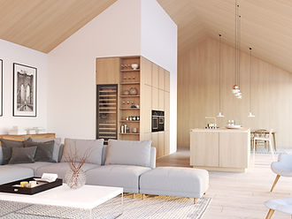 white-brown wall and ceiling, gray couch, white table with ornaments, built in cabinets and a frame