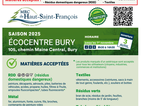 Écocentre mobile : samedi 31 mai 2025 - Collecte de gros rebuts : Mardi 10 juin 2025