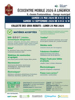 Écocentre mobile à Lingwick : Samedi 23 mai et Samedi 12 septembre de 8 h à 12 h et collecte des gros rebuts : Lundi 25 mai 2026