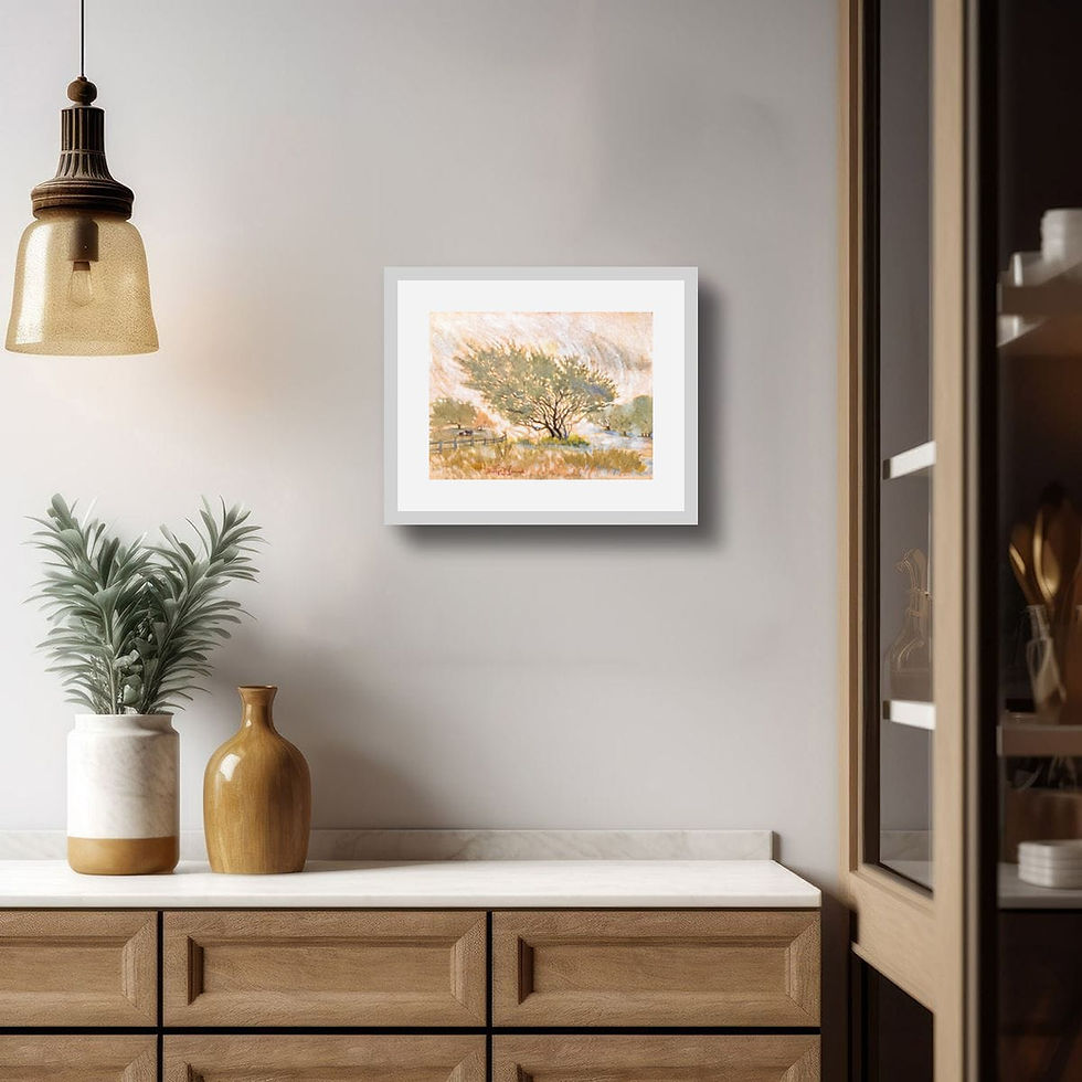 Eye-level view of a room with a mixed media landscape painting in pastel colors on the wall