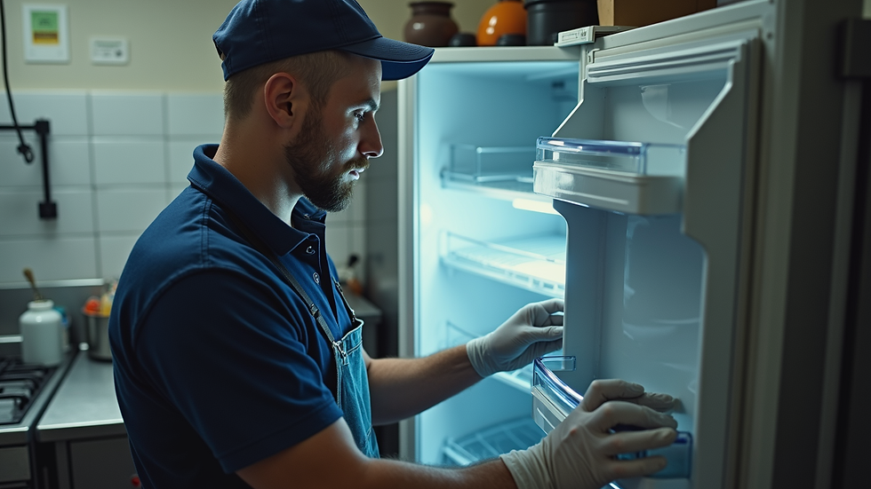 High angle view of a fridge technician testing a repaired fridge in a South African kitchen