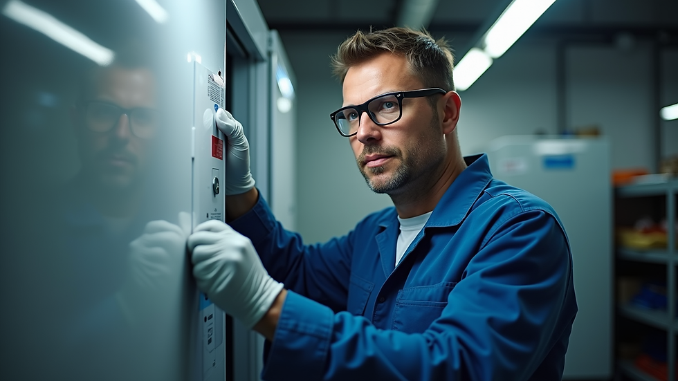 Eye-level view of a technician inspecting a refrigerator compressor