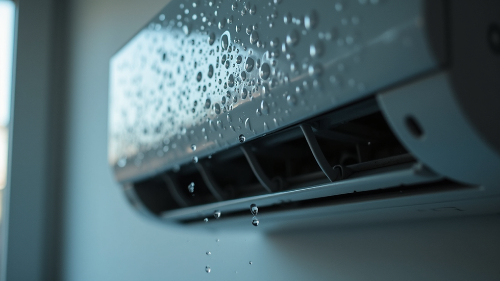 Close-up view of a split AC unit showing water droplets on the indoor unit