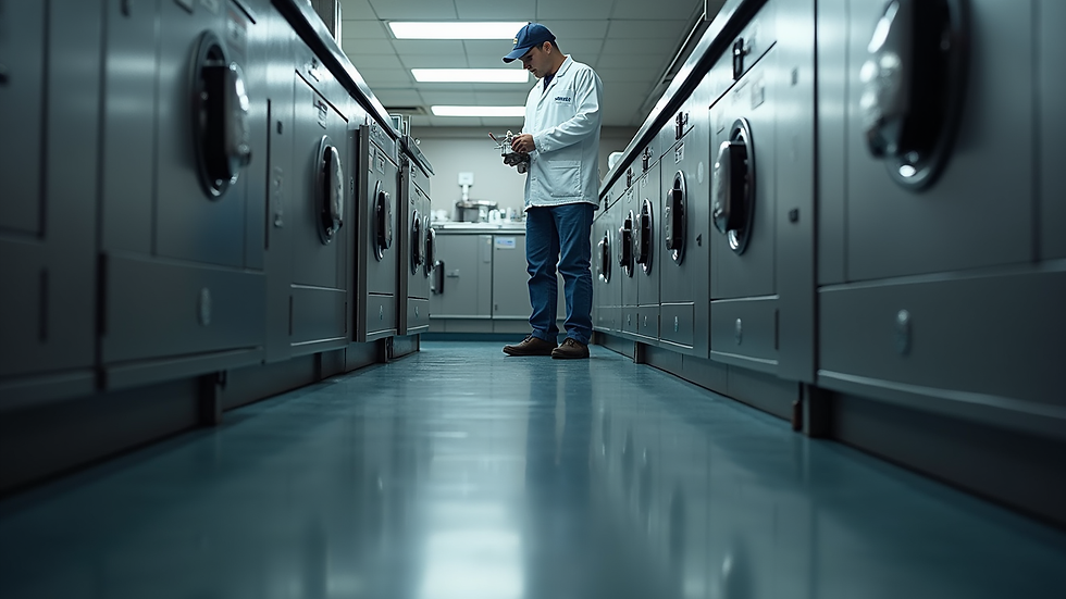 Eye-level view of a technician inspecting a dishwasher in a kitchen